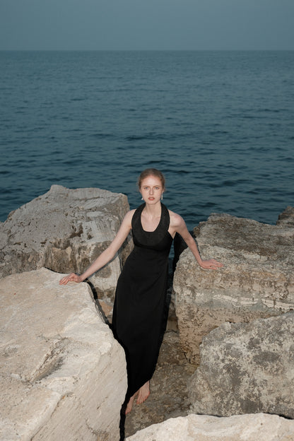 Joana Black Knit and Acetate Halter Backless Dress