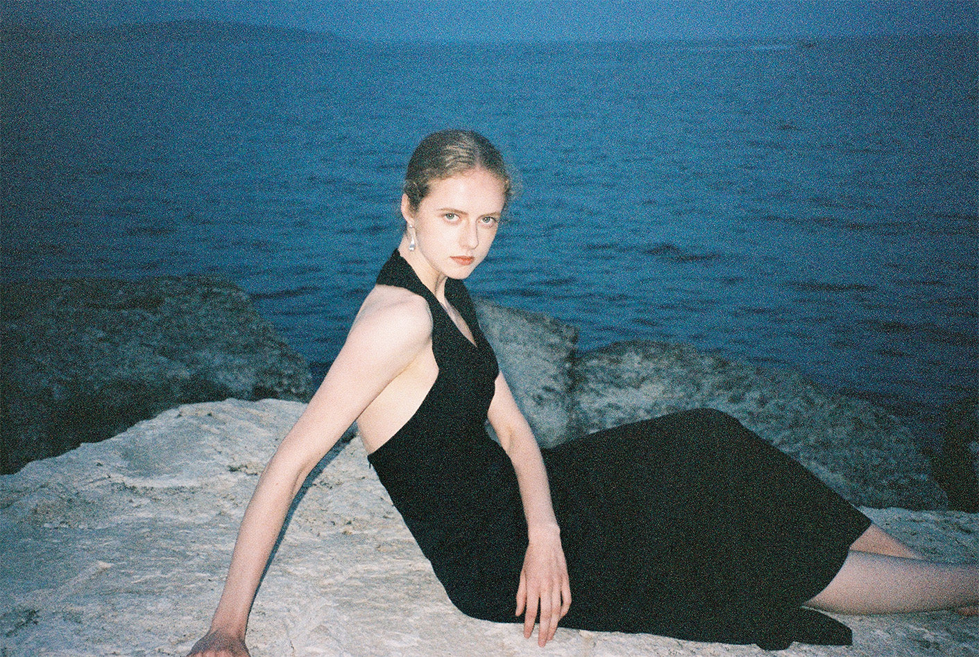 Joana Black Knit and Acetate Halter Backless Dress