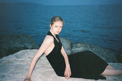 Joana Black Knit and Acetate Halter Backless Dress