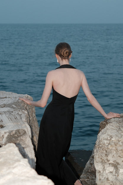 Joana Black Knit and Acetate Halter Backless Dress
