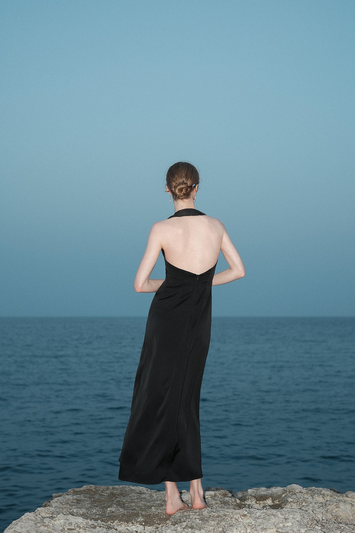 Joana Black Knit and Acetate Halter Backless Dress