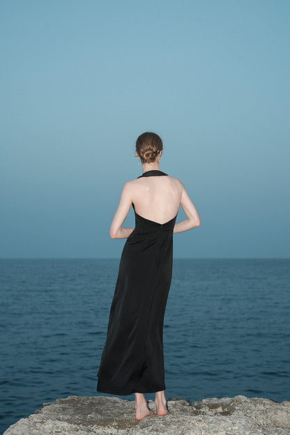 Joana Black Knit and Acetate Halter Backless Dress