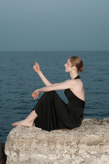 Joana Black Knit and Acetate Halter Backless Dress