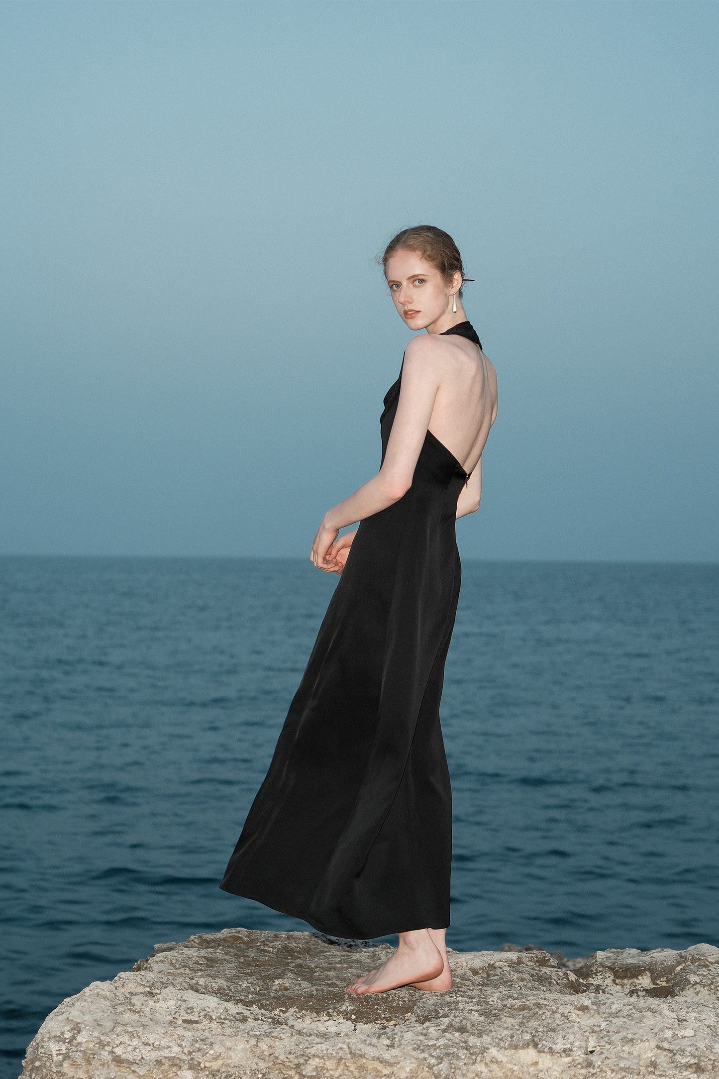 Joana Black Knit and Acetate Halter Backless Dress