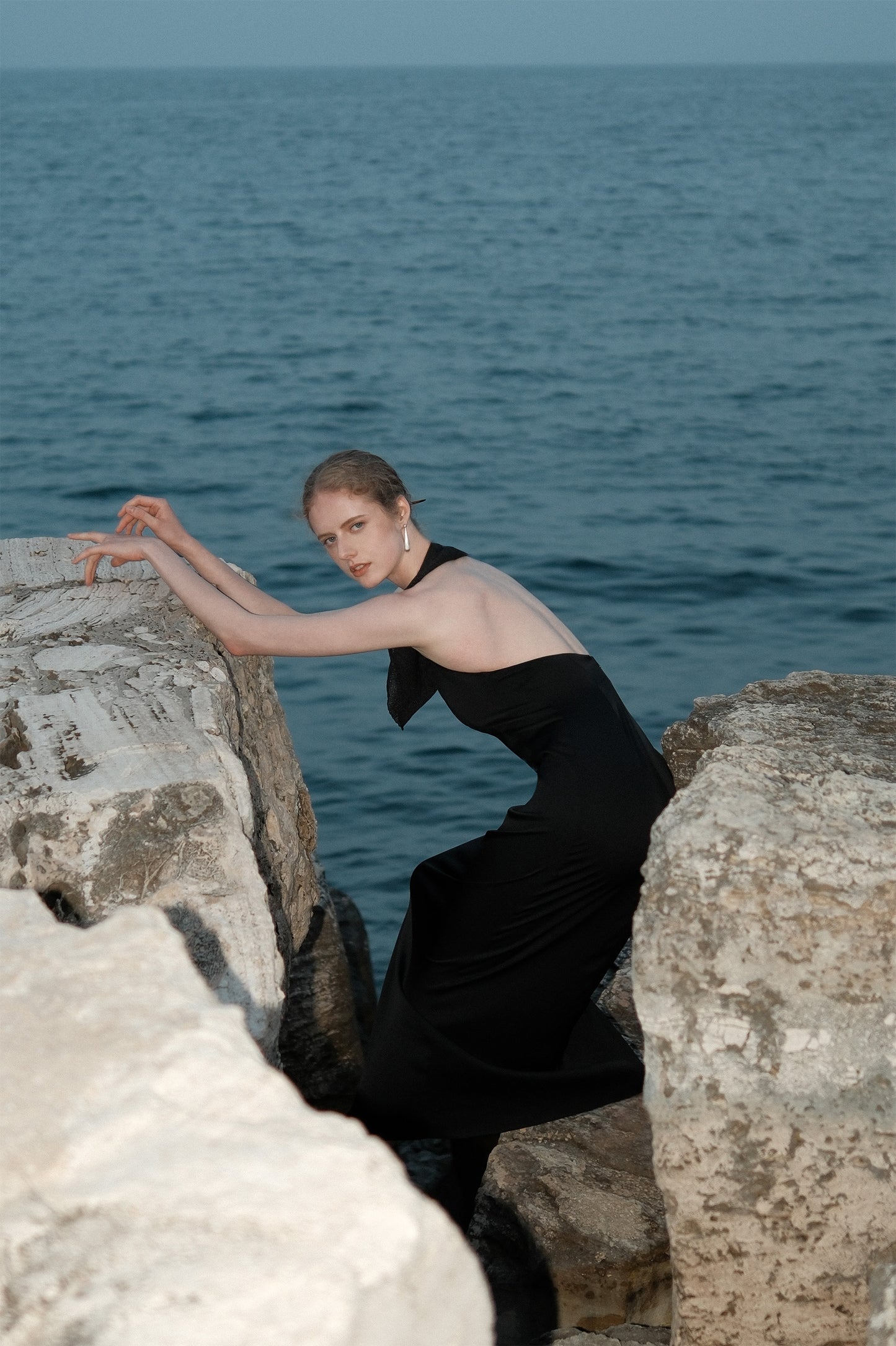 Joana Black Knit and Acetate Halter Backless Dress