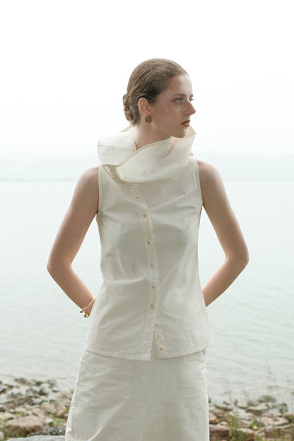 Ully Cream Diagonal Button Sleeveless top