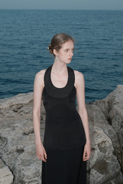 Joana Black Knit and Acetate Halter Backless Top