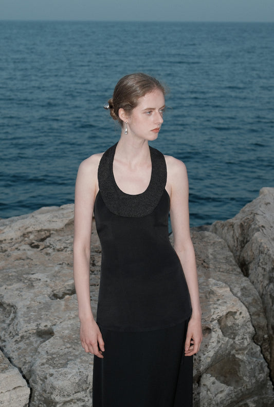 Joana Black Knit and Acetate Halter Backless Top