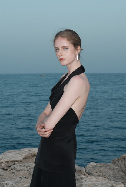 Joana Black Knit and Acetate Halter Backless Top