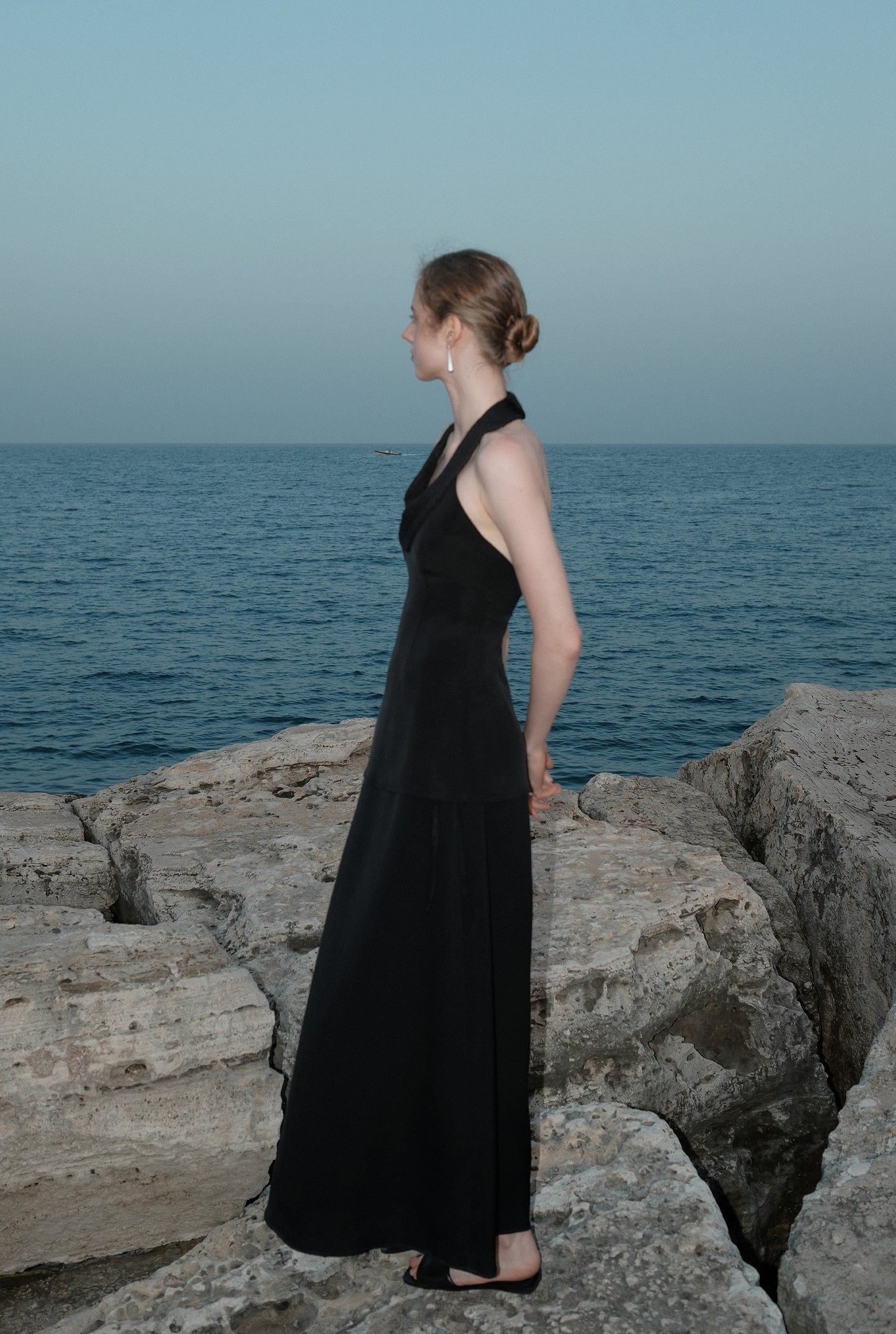 Joana Black Knit and Acetate Halter Backless Top
