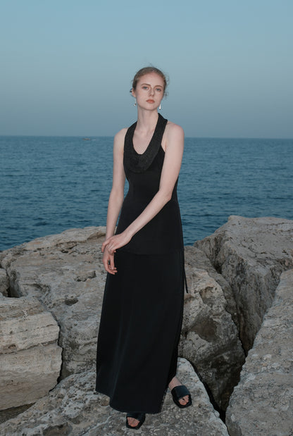Joana Black Knit and Acetate Halter Backless Top
