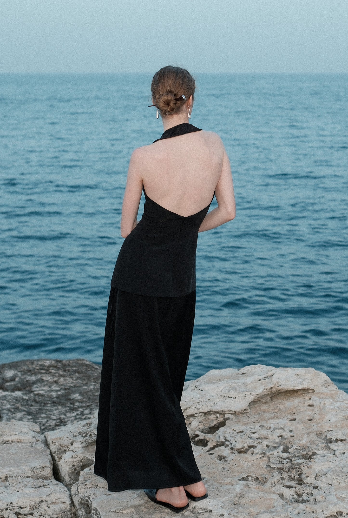 Joana Black Knit and Acetate Halter Backless Top